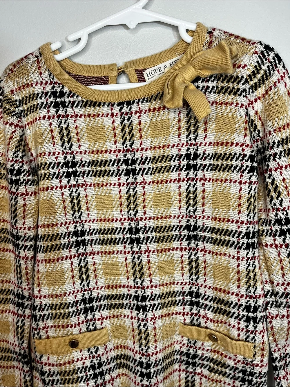 Hope & Henry Tan Organic Cotton Plaid Knit Dress with Bow Girl’s 6